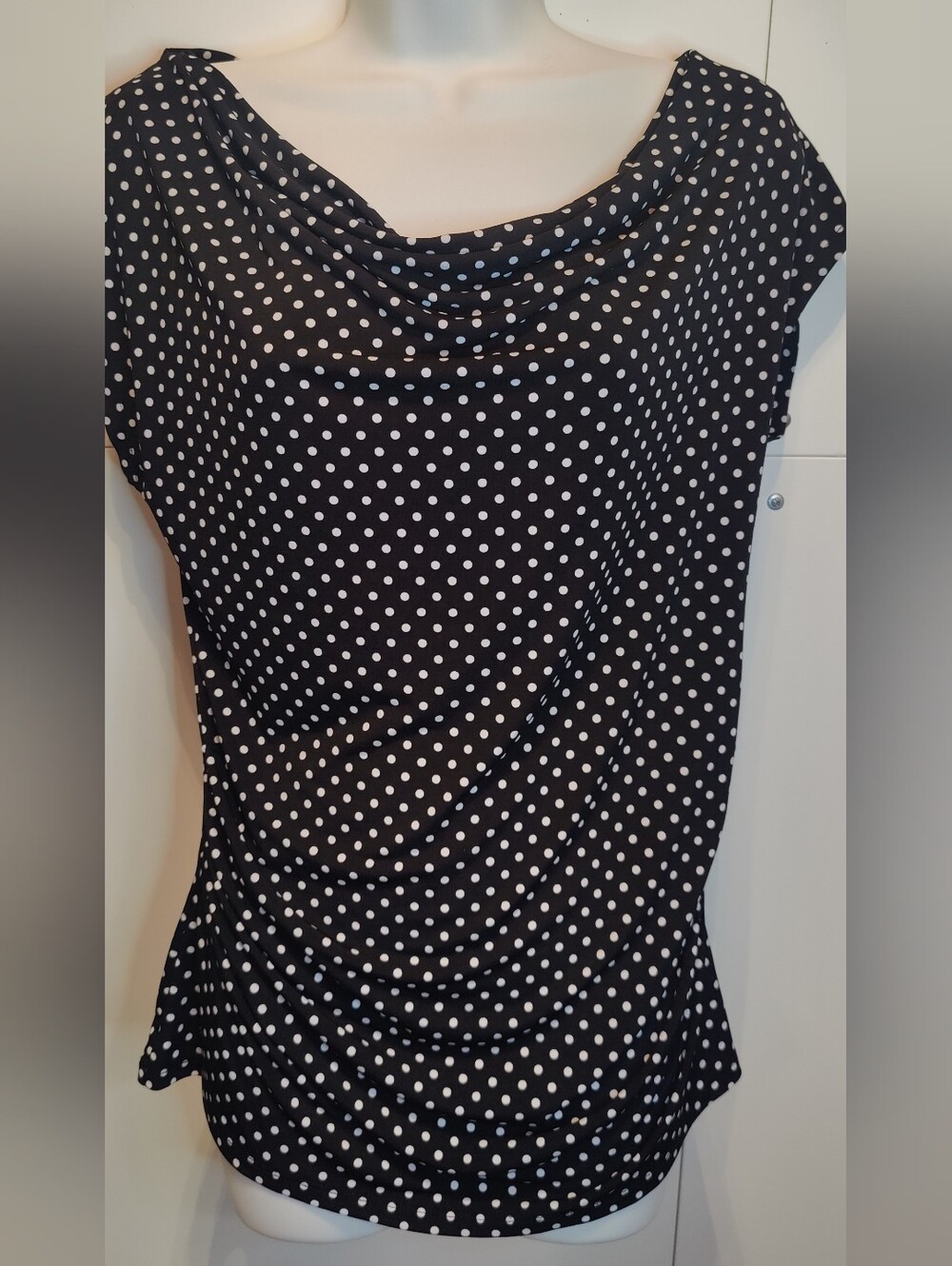 New York & Company Polka Dot Cowl Neck Ruched Top Medium